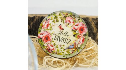 Nyomtatott fa tábla Hello tavasz lepkés kör 5 cm 1 db