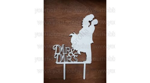 Fa beszúrós tortadísz csókos pár MR&MRS fehér fa 18,5 cm
